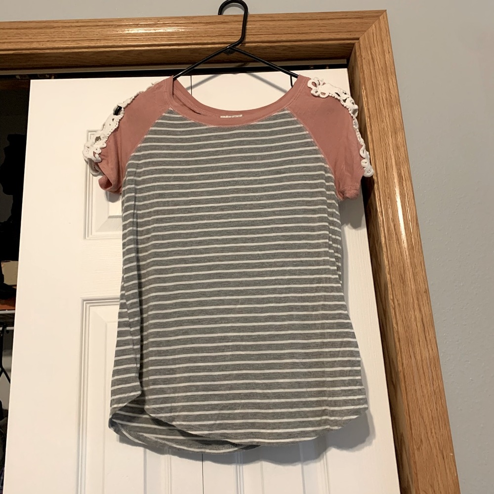Grey striped with pink & lace short sleeve